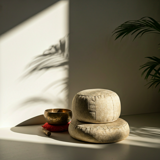Cojín de meditación y cuenco en un rincón minimalista